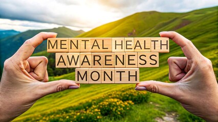 Mental health awareness month concept with wooden letter blocks held by hands in nature with scenic mountain landscape during sunrise
