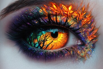 A mesmerizing eye art depicting a fiery sunset reflected in the iris, with vibrant cosmic dust and tree silhouettes.