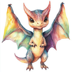 Fototapeta premium Cute dragon illustration is happy and friendly with rainbow watercolor