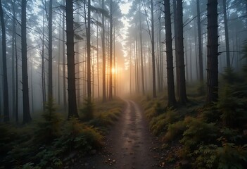 Naklejka premium Misty Forest Path: Golden Hour Sunrise Landscape Photography