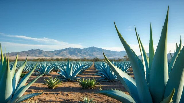 Blue agave plant utilized for producing the alcoholic drink, framed by a clear blue sky and mountains.