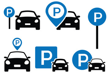 Car parking icon set. Public parking and parking location symbol. Parking and car sign and pin marker icon. vector illustration. 