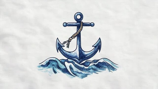 Blue Anchor with Rope on Stylized Ocean Waves, Textured White Background