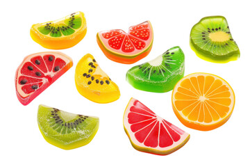 Colorful fruit-shaped jelly candies arranged beautifully on a white background isolated on transparent background