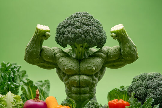 Strong broccoli bodybuilder flexing muscles surrounded by fresh vegetables healthy eating concept