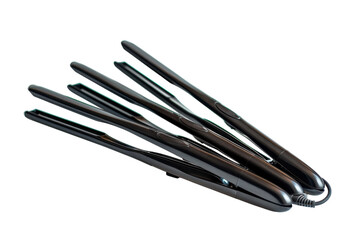 Multiple sleek black hair straighteners on a white background showcasing styling tools and elegance isolated on transparent background