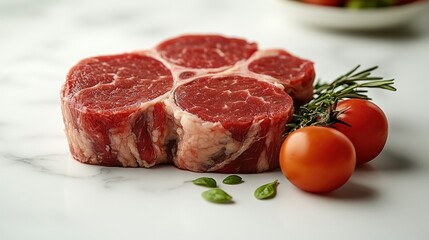 Fototapeta premium Freshly cut beef steak with vibrant tomatoes and herbs on a marble countertop