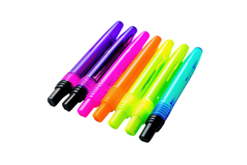 Vibrant collection of neon highlighters arranged in a colorful display for creative note-taking isolated on transparent background