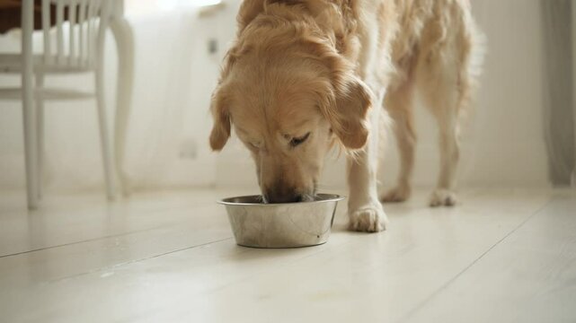 Female Owner Gives A Food Bowl To An Adorable Golden Retriever Drinking Water