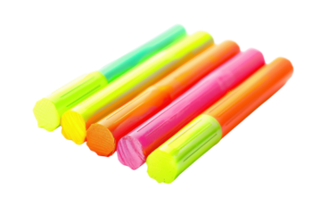 Vibrant collection of neon highlighters arranged in a colorful spectrum on a white background isolated on transparent background