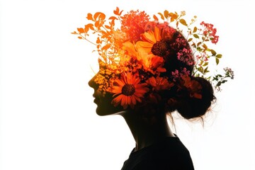 A woman's silhouette merges with vibrant orange and red flowers, creating a stunning floral portrait.