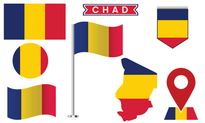 Chad Flag Icon Set, Vector Map, Badge, Pin & Waving Flag Collection