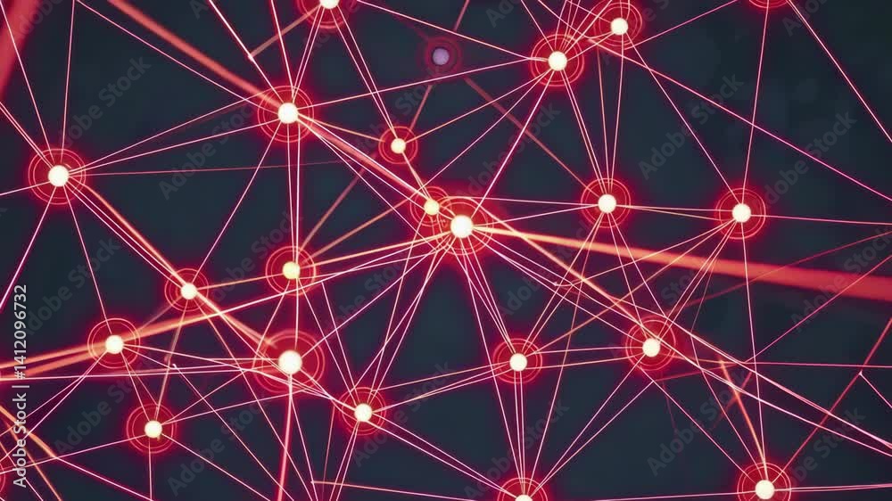 Poster dynamic red network of glowing nodes and interconnected lines pulsating in dark space