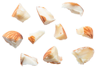 Set of almond nut pieces isolated on white background. File contains clipping path.