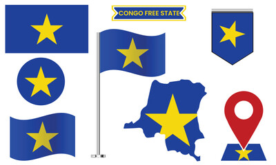 Congo Free State Flag Icon Set, Vector Map, Badge, Pin & Waving Flag Collection