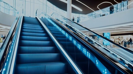 Obraz premium A visually striking escalator with LED illuminated side panels creating a sleek and futuristic look in a contemporary public space