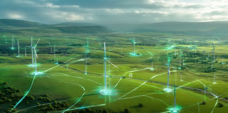 Aerial view of wind turbines on a green field with glowing connections and data visualization, a sustainable energy concept