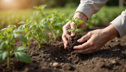 Hands transplanting tomato seedlings into the soil, gardening process, nurturing plants, natural light, copy space
