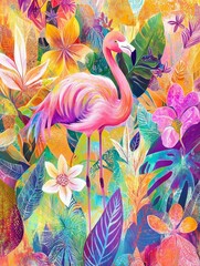 A pink flamingo standing on its legs, surrounded by exotic flowers and leaves 