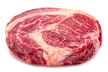 Raw ribeye steak isolated on white background.