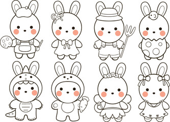 Easter bunny cartoon animal coloring line drawing in various outfits