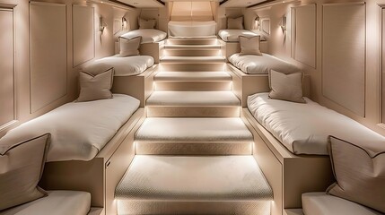 Elevated sleep arrangements with glowing steps in a neutral-toned luxury cabin