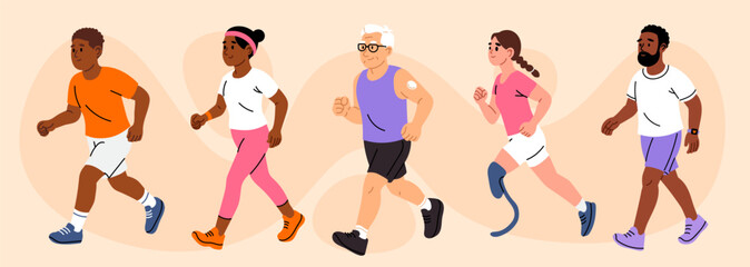 People of all ages and abilities running and walking outdoors for exercise and health improvement