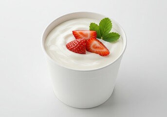 Yogurt with strawberries and leaf on white background