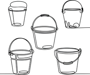 Bucket One Line Drawing | Minimal Silhouette Vector Set Continuous Line Bucket Silhouettes | Simple Cleaning Tool Art