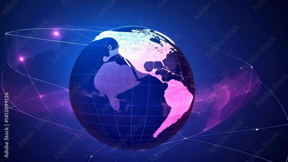 Wall mural connections world globe rotating with on futuristic and dots, representing global network and digita