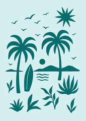 Tropical Surf Scene – Artistic Beach Vector with Palm Trees, Waves, and Surfboard for Cricut and Summer Decor