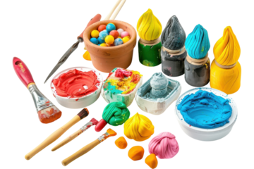 Creative explosion of vibrant paint and playful supplies on a bright workspace ready for crafting isolated on transparent background
