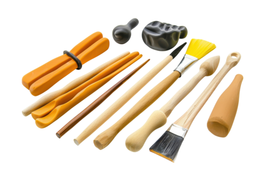 Neatly arranged artistic tools for creative expression and craftsmanship isolated on transparent background