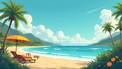 Obraz premium Tropical Beach Paradise: Relaxing Seascape with Palm Trees. Sandy shore with lounge chairs and umbrella overlooking turquoise ocean. Vacation getaway.