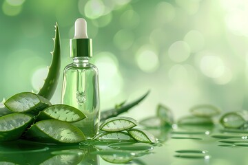 Aloe Vera Serum Bottle with Fresh Gel Leaves and Water Droplets – Skincare Product Mockup