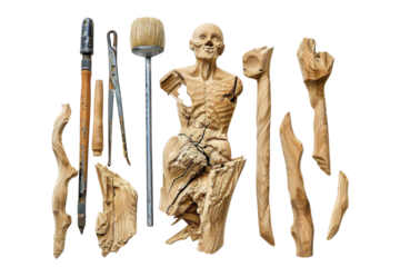Artisan wood carving tools and a lifelike human figure surrounded by raw wood pieces on a table isolated on transparent background