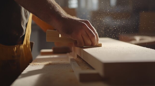 Carpenter measuring and cutting wooden planks for a custom furniture project. Featuring craftsmanship and precision