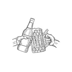 vector hand holding a wooden bottle and glass, party atmosphere, hand drawn illustration 