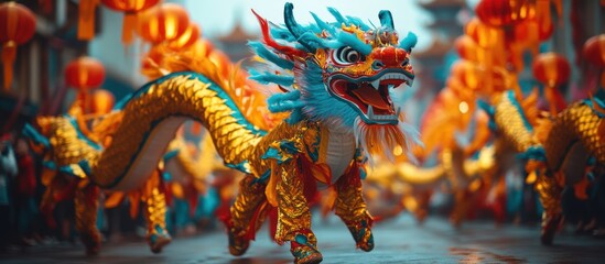 Fototapeta premium Chinese Dragon Dance Parade in a Festive City