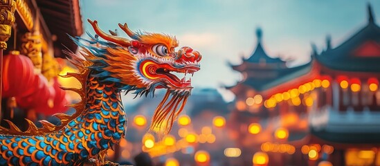 Chinese Dragon Decorated with Blurred Chinese Temple Background