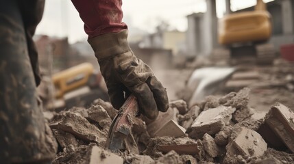 Fototapeta premium Demolition worker removing debris at a construction site. Featuring strength and efficiency
