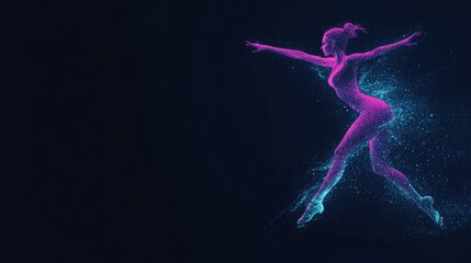 Fototapeta premium Abstract digital art of a female figure skater doing a jump spin trick, against a black background