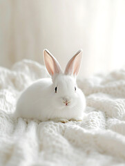 Obraz premium A fluffy white bunny rests serenely on a textured white blanket bathed in soft bright light creating a peaceful and pure scene.