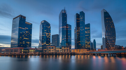 Naklejka premium Modern city skyline at dusk featuring illuminated skyscrapers reflecting in the calm river waters below a bridge.
