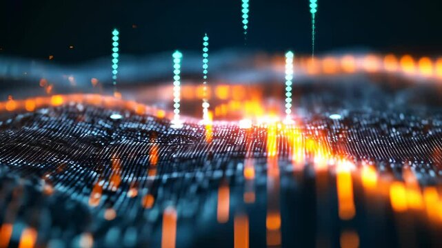 Complex binary code forming an abstract highlights, and with orange landscape representing digital data wavy flow cybersecurity background video 4k