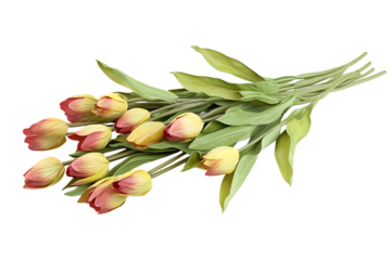 Bunch of yellow and red tulips with green leaves on trasparent background