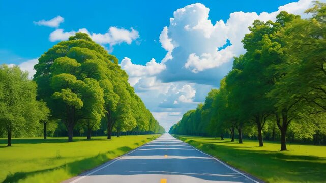 Breathtaking sight of a long, straight, empty road bordered by trees.