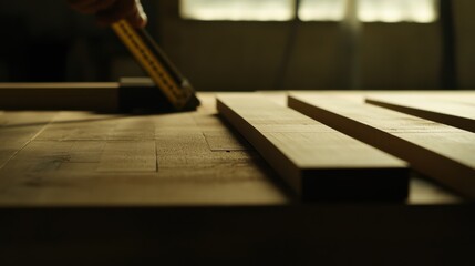 Carpenter measuring wood planks for a custom project. Featuring careful measurement and design