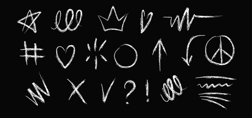 White Hand Drawn Doodle Symbols Set, Black Background Illustration