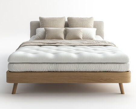 High-Quality Bed with Wooden Frame and Plush Mattress Isolated on White Background Front View